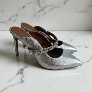 KURT GEIGER Silver Leather Rhinestone Mules Heels Size 10 / 40